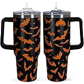 CHOKOMETRY 40 oz Halloween Tumbler With Handle Lid and Straw,5D Orange Bat Print Tumblers,Halloween Stainless Steel Insulated Travel Mug Black Coffee Cup Gifts for Women Men Adults