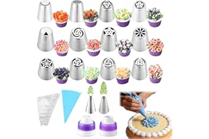 Russian Piping Tips Set – 27-Piece Cake Decorating Kit with 12 Large Flower Nozzles, 2 Couplers, 2 Fine Tips, 10 Disposable B