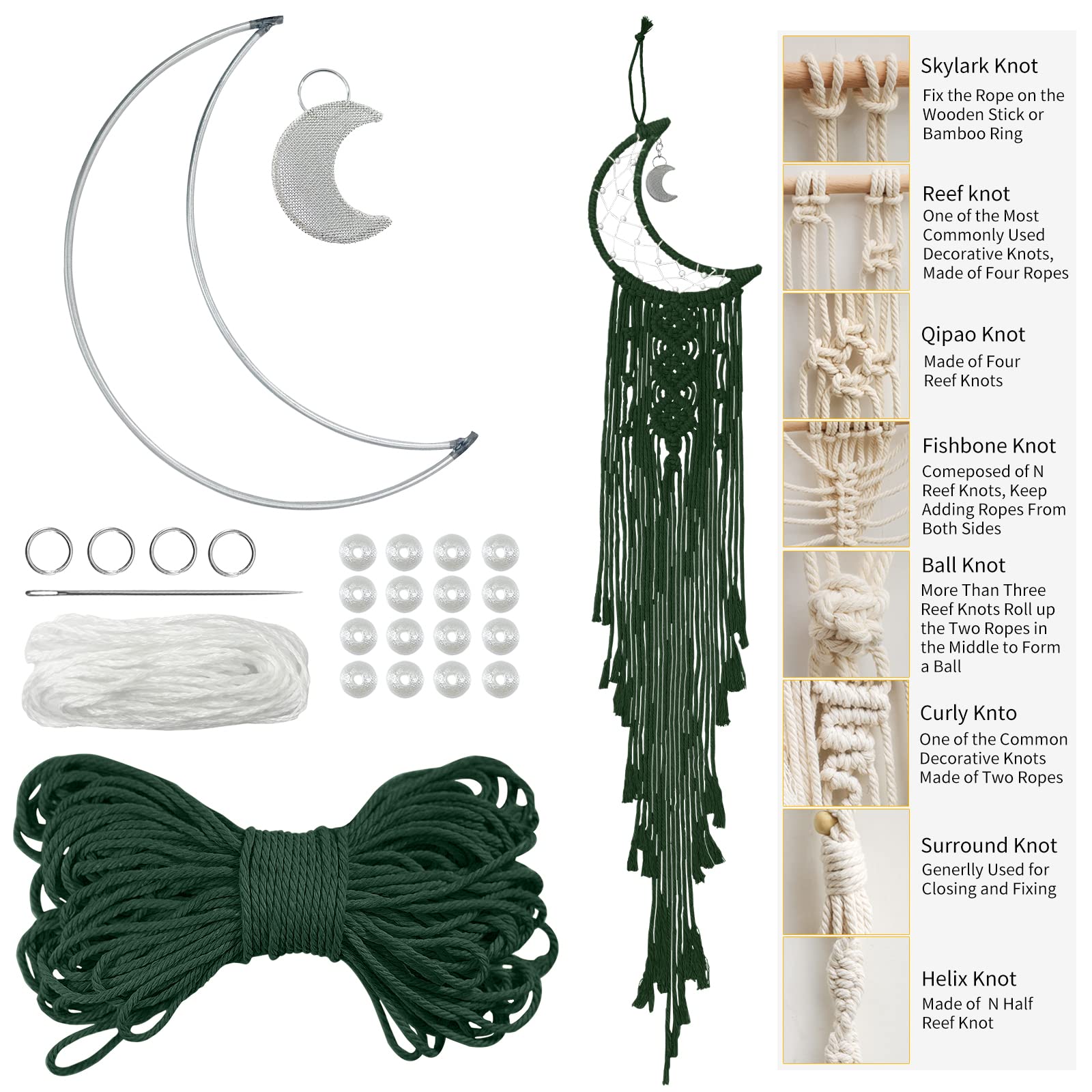 LEREATI Moon Dream Catcher Kit for Adults, DIY Macrame Kit for Beginners, Wall Hanging, Tapestry, Dreamcatcher Kits - 3mm Macrame Cord, Metal Hoops, Beads for Crafting (Dark Green)