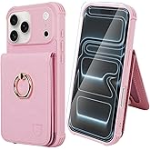 VANAVAGY Compatible for iPhone 17 Pro Max Wallet Case with RFID Blocking Card Holder, [Screen Protector] PU Leather Shockproof Case Magnetic Clasp Ring Kickstand Phone Cover for Women Men,Chalk Pink