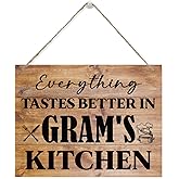 Hanging Wooden Kitchen Gifts, Grandma's Gift, Mother's Day Gift, Thanksgiving Gifts for Mom from Daughter Son, Everything Tastes Better in Gram's kitchen Sign, Rustic Farmhouse Sign 15x11.4 Inches