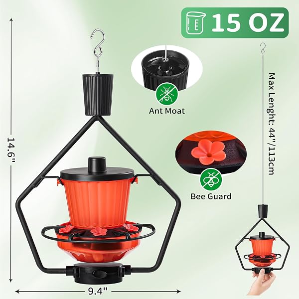 GOMAZONLE RETRACTABLE HUMMINGBIRD FEEDER, 19OZ TOP-FILL WIDE MOUTH WITH HEIGHT ADJUSTMENT, UV-RESISTANT ASA PLASTIC, 100% LEAK-PROOF BASE& DISHWASHER SAFE FEEDERS FOR OUTDOOR HANGING, BLACK