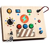 Joyreal Montessori Busy Board Wooden Sensory Toys for Toddler with LED Light Up Switch, Baby Fidget Board Travel Toys for 18+ Months, 1 2 3 Year Old Boys Girls Toddler Toy Gifts (Mixed Lights)
