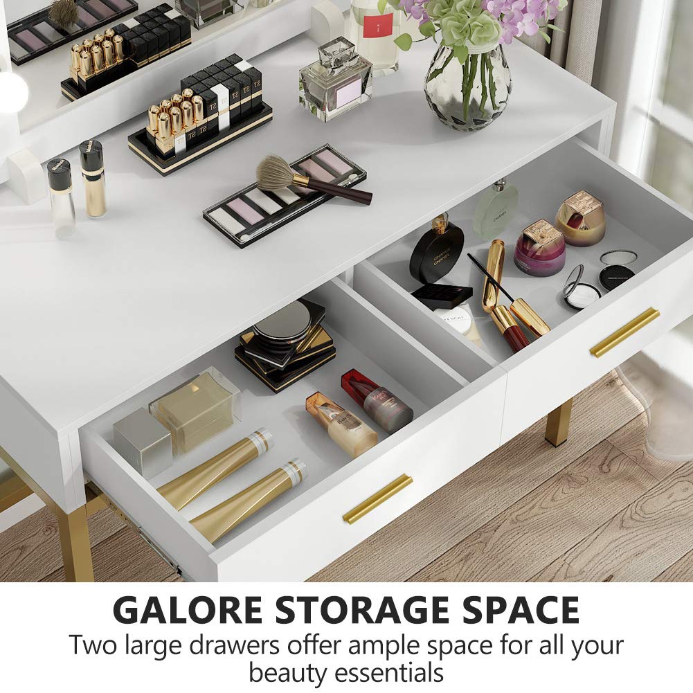 Dresser Desk Vanity Set For Bedroom Makeup Vanity Dressing Table With 9 Lights And 2 Drawers For Women Tribesigns Vanity Table With Lighted Mirror Gold And White Home Kitchen Vanities