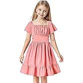 Magic Park 4-15Y Kid Flutter Sleeve Dress Square Neck Tie-Back Dresses Off Shoulder Dress Tween Girl Solid Color A-line Skirt