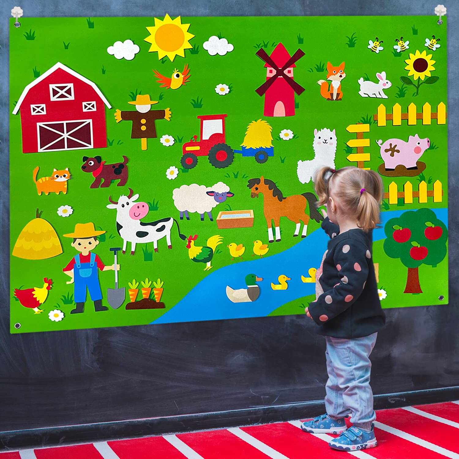 Photo 1 of OKGIUGN 61 Pcs Farm Animals Story Felt Board, 3.6 Ft Farmhouse Themed Play Mat Wall Hanging Kit Toys, Birthday Gift for Toddlers Childrens