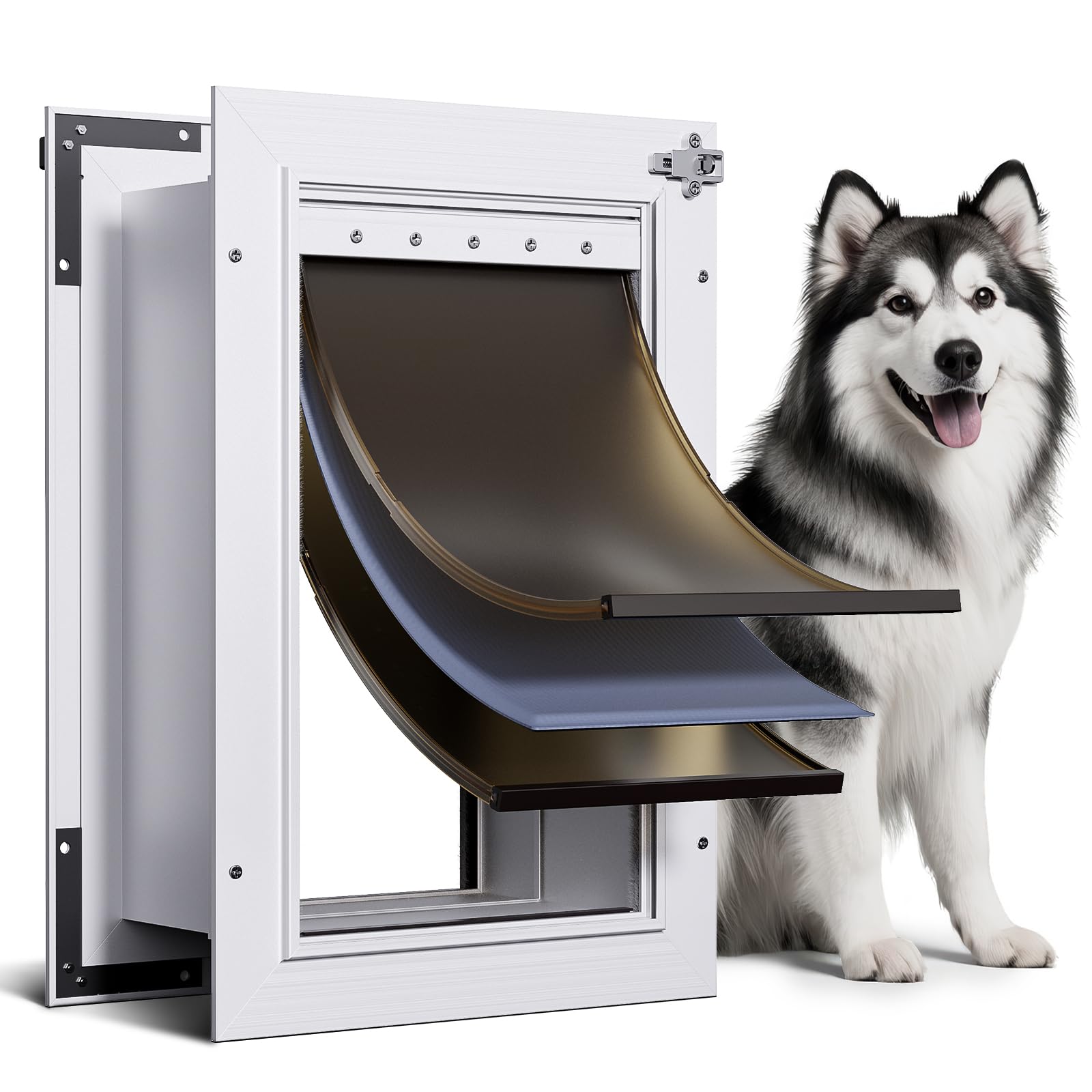 Photo 1 of PETCOMING 3-Flap Dog Door, All Aluminum Alloy Large Doggy Doggie Door for Wall, Telescoping Tunnel, Heavy Duty Pet Door for Dogs, Insulation Layer, 2 Magnetic Flaps, Closing Panel, Pets Up to 110 LB
