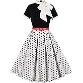 50s Style Dresses for Women Vintage Short Sleeve Tie Neck Swing Dress Midi Prom Dress with Belt
