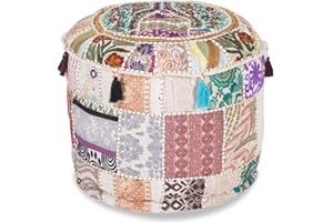 Aakriti Gallery Indian Pouf Footstool Ethnic Embroidered Pouf Cover, Indian Cotton Round Pouffe Ottoman Pouf Cover Pillow Ethnic Decor Art - Cover Only (White, 22x14)