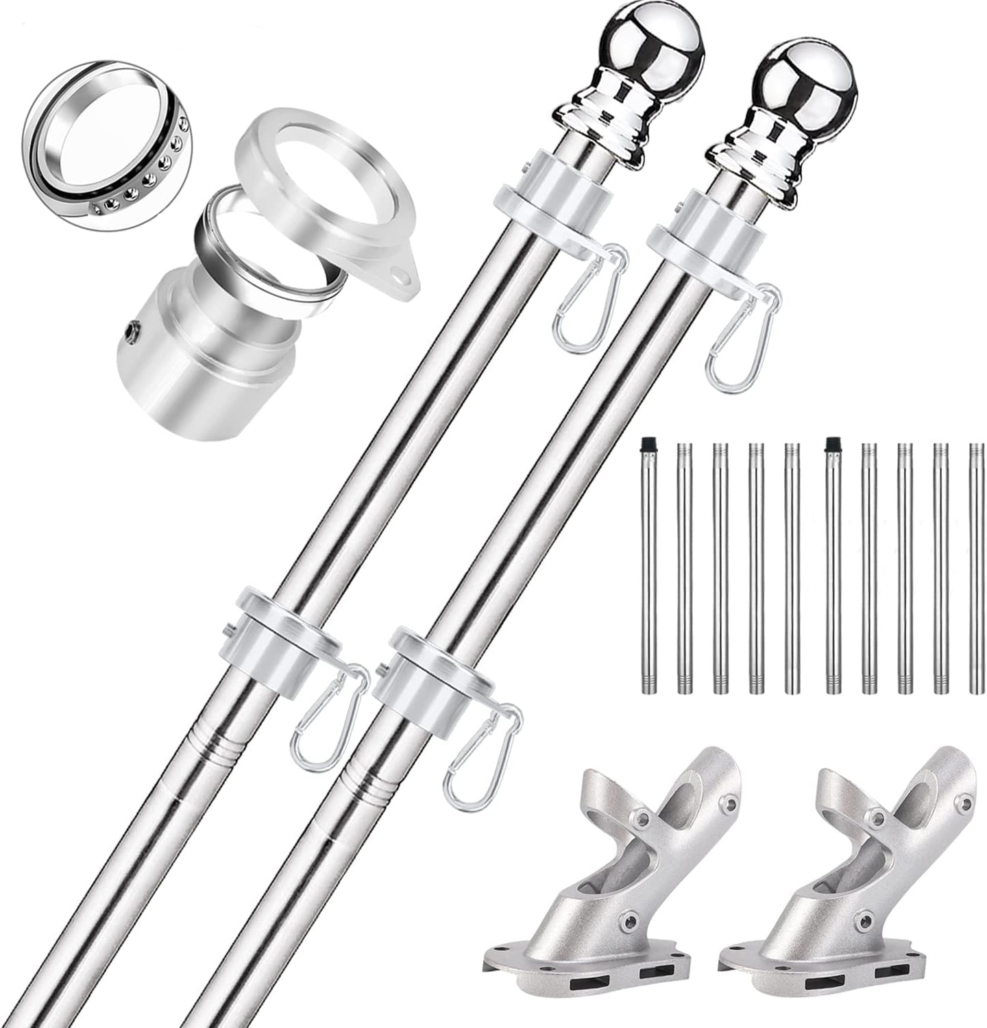 Flagpole Hardware - Bubblythe 2 Pack Flag Poles for House, 6 FT Flag Pole Kit with 2 No-Tangle Aluminum Ring Clips and Holder Mounting Bracket, Heavy Duty Stainless Steel Flag Poles for Outside House, Boat Flagpole, 6ft