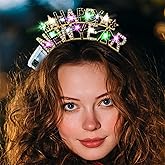 Olbye Light up Happy New Year Headbands Glowing Rhinestone New Year's Eve Headband Star Glitter Led Hairbands Flashing Headpiece Holiday Hair Accessories for Women