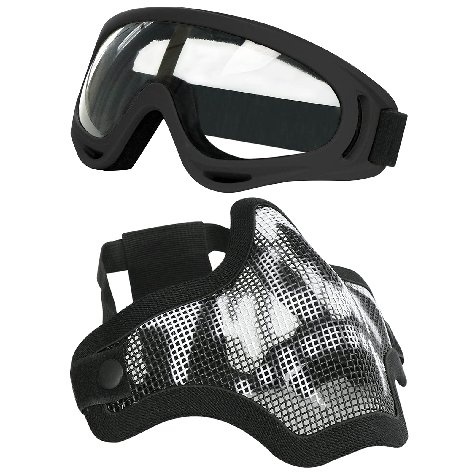 AOUTACC Airsoft Mask and Goggles Set, Half Face Full Steel Mesh Mask and Goggles for CS/Hunting/Paintball/Shooting (Black with Pattern)