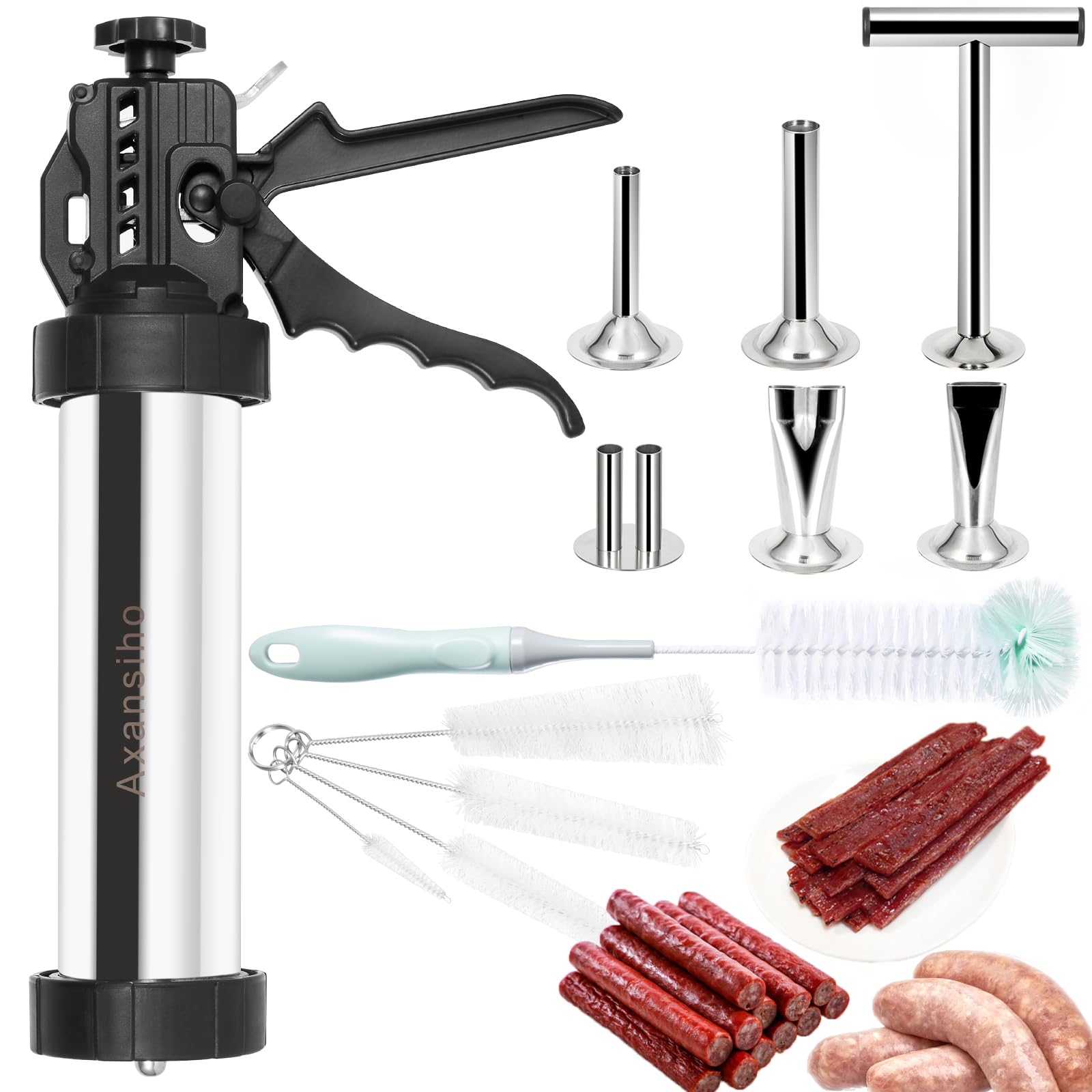 Photo 1 of 1.57 LB Large Capacity Jerky Gun Kits, Stainless Steel Jerky Shooter Cannon, Beef Stick Gun, Beef Deer Jerky Maker, Meat Gun, Sausage Stuffer with 5 Nozzles 5 Brushes 1 Meat Pusher, Gift for Women Mom