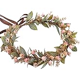 KorViSHOW Pink Flower Crown Headband - Adjustable Golden Green Leaf Floral Headpiece Renaissance Hair Accessories for Women Girls Bridal Wedding Birthday Vacation Festival Party Photo Props