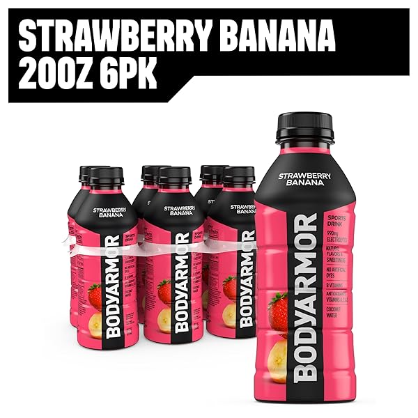 BODYARMOR SPORTS DRINK SPORTS BEVERAGE, STRAWBERRY BANANA, COCONUT WATER HYDRATION, NATURAL FLAVORS WITH VITAMINS, POTASSIUM-PACKED ELECTROLYTES, PERFECT FOR ATHLETES, 20 FL OZ (PACK OF 6)