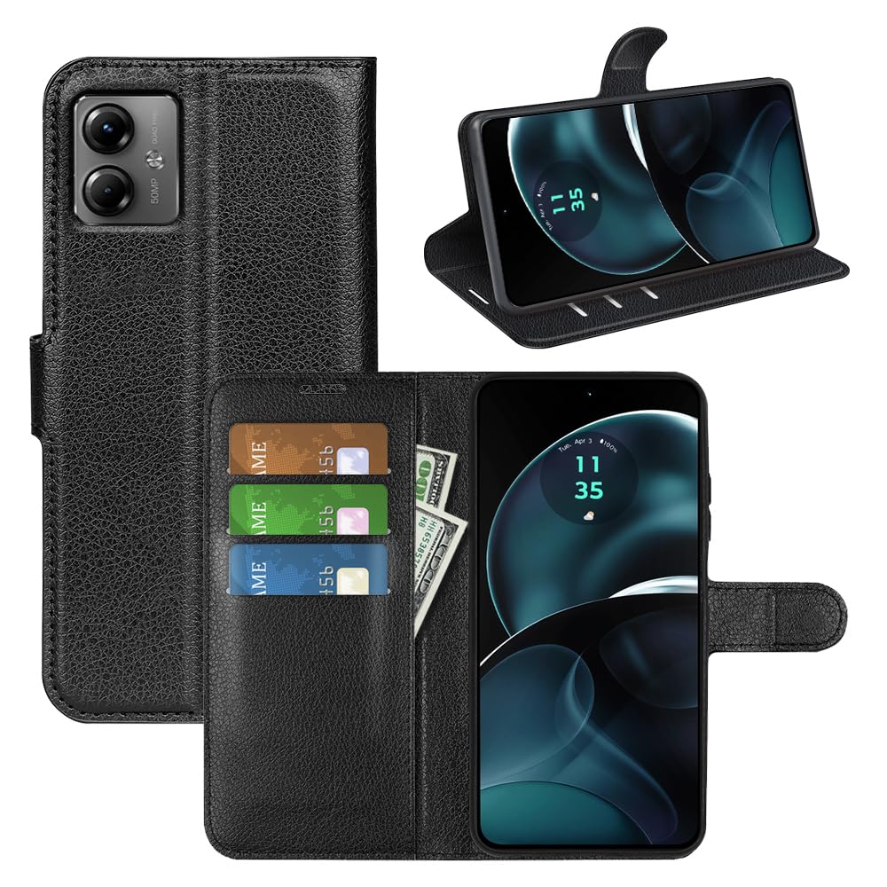 JIUNINE Case for Motorola Moto G14, Leather Wallet Case Flip Cover with [Card Slot] [Magnetic Closure] [TPU Inner Shell] for Motorola Moto G14, Black