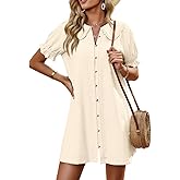 Cicy Bell Womens Puff Sleeve Peter Pan Collar Mini Shirt Dress Button Down Summer Casual Textured Short Dresses with Pockets