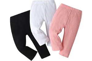 Elspilit 3 Pack Newborn Infant Baby Girl Leggings Long Solid Ribbed Pants Trousers Fall Winter Outfits 0-18 Months