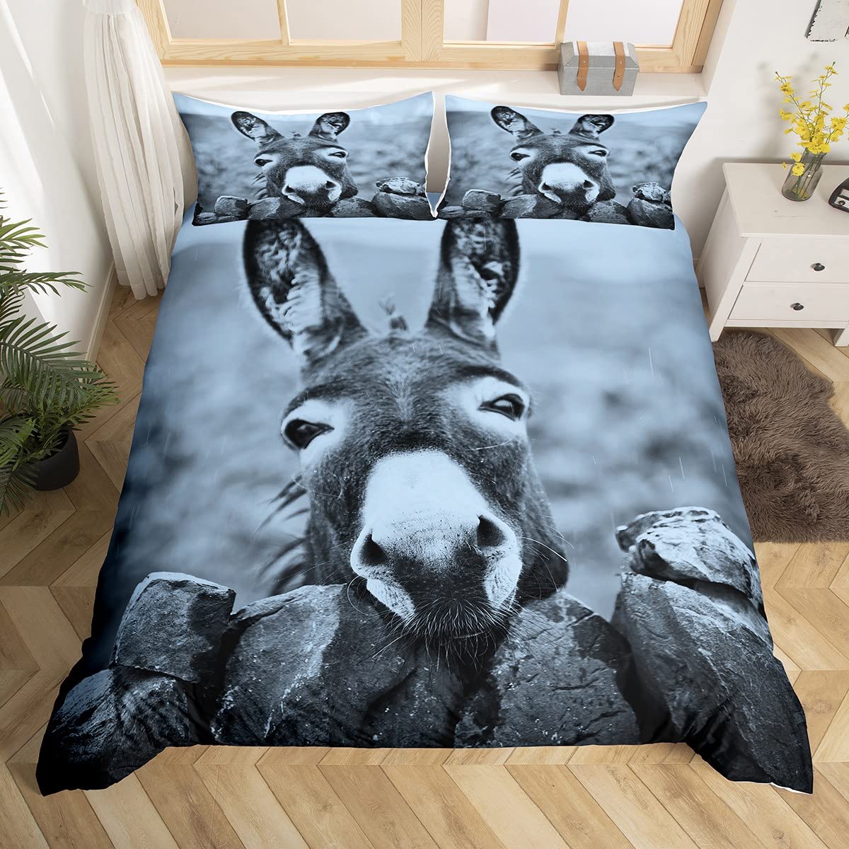 Homewish Funny Donkey Bedding Set Single Farm Animal Comforter Cover Grey Retro Donkey Duvet Cover For Kids Boys Teens Adults Men Bedroom Soft Microfiber Bedspread Cover With Zipper 1 Pillow Case — image 1