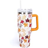 Whaline 40oz Fall Leaves Tumbler with Handle Straw and Lid Thanksgiving Gift Autumn Orange Maple Leaves Travel Tumbler Coffee Mug Cup Water Bottle for Harvest Party Women Friend Birthday