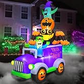 BLOWOUT FUN 8FT Halloween Inflatable Horror Frankenstein Driving Car | with Spider,Pumpkin and Ghost,Build in Lights Blow Up Lighted Decor Indoor Outdoor Holiday Art Decorations