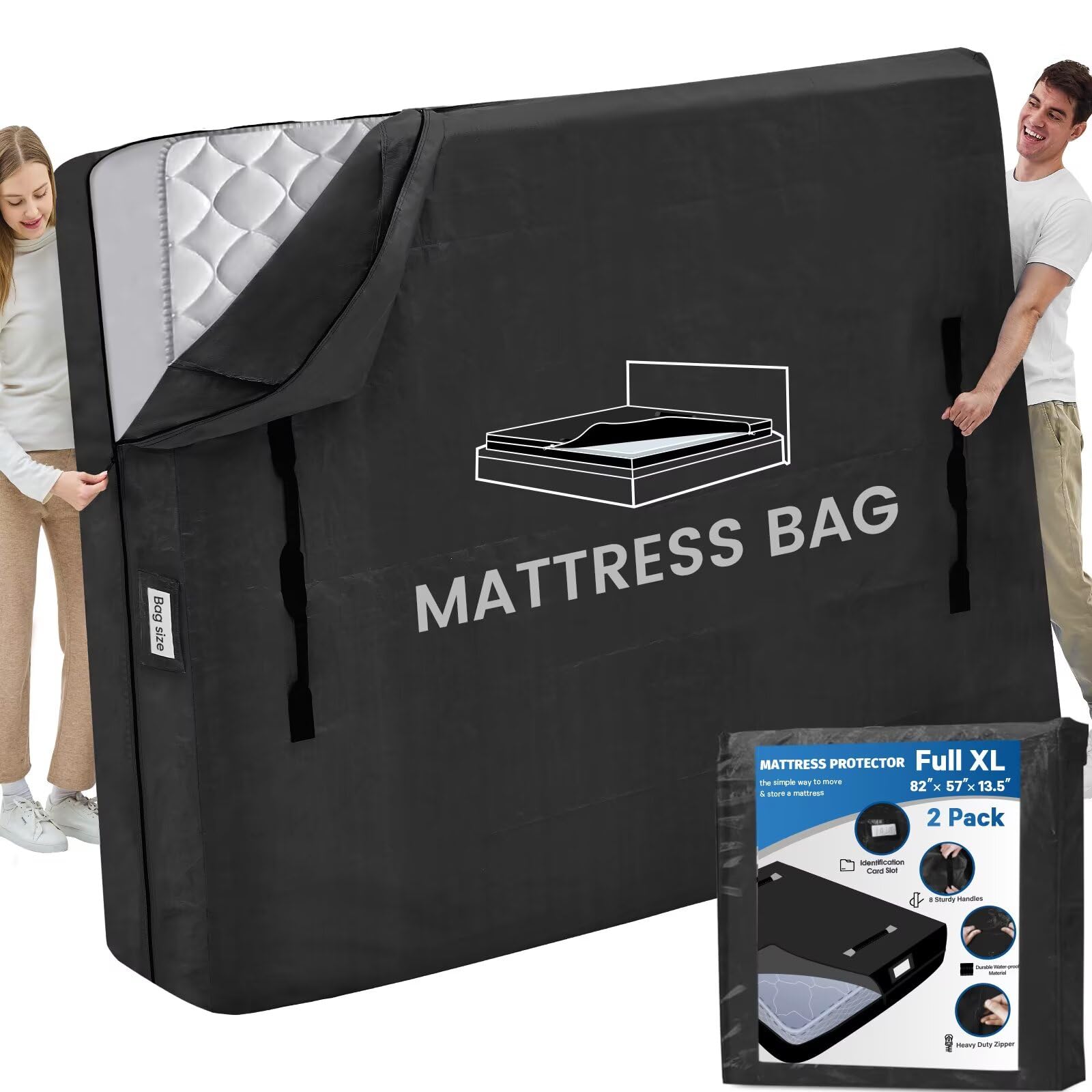 Mattress Bags for Moving and Storage, BETU Waterproof Mattress Protector Full XL Mattress Cover with 8 Heavy Duty Handles and Zipper Extra Thick Moving Supplies for Bed (2 Pack:82x57x13.5 Black) Image