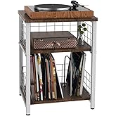 Tuohours Record Player Stand, 3 Tier End Table with Double Layer Iron Wire Mesh Turntable Vinyl Record Stand Storage Up to 10