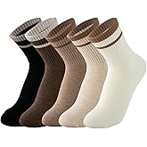 Deeorla Womens Striped Crew Socks Brown Vintage Retro Athletic Socks 5 Pairs