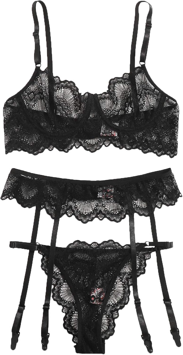 SheIn Women's 3 Piece Floral Lace Lingerie Set with Garter Belts Sexy