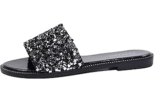 EETTARO Women's Glitter Shiny Slide Sandals Sparkle Fancy Flat Slippers Slip-on Jeweled Shoes