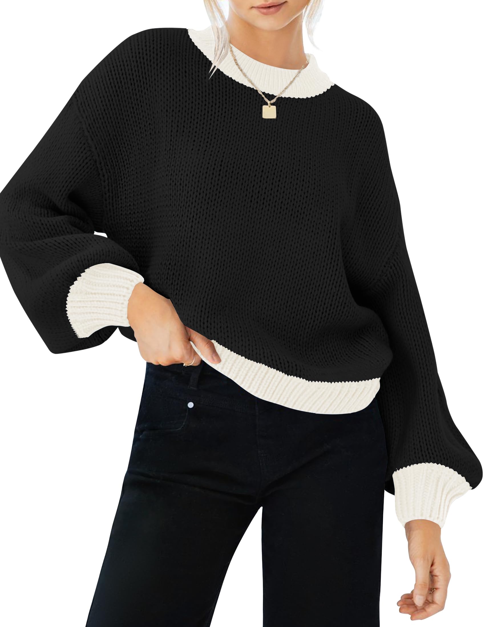 Photo 1 of ***TOP ONLY**** ZESICA Women's Casual Long Sleeve Crew Neck Pullover 2025 Fall Ribbed Knit Loose Contrast Color Sweater Tops, Dark, Medium