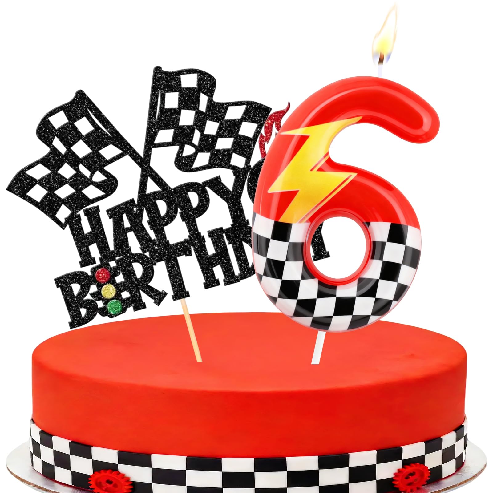 Racing Cars Themed Number Candles, Cake Candles with Greeting Card for Birthday Party Wedding Anniversary Celebrations(6 Candle,Sparkle)