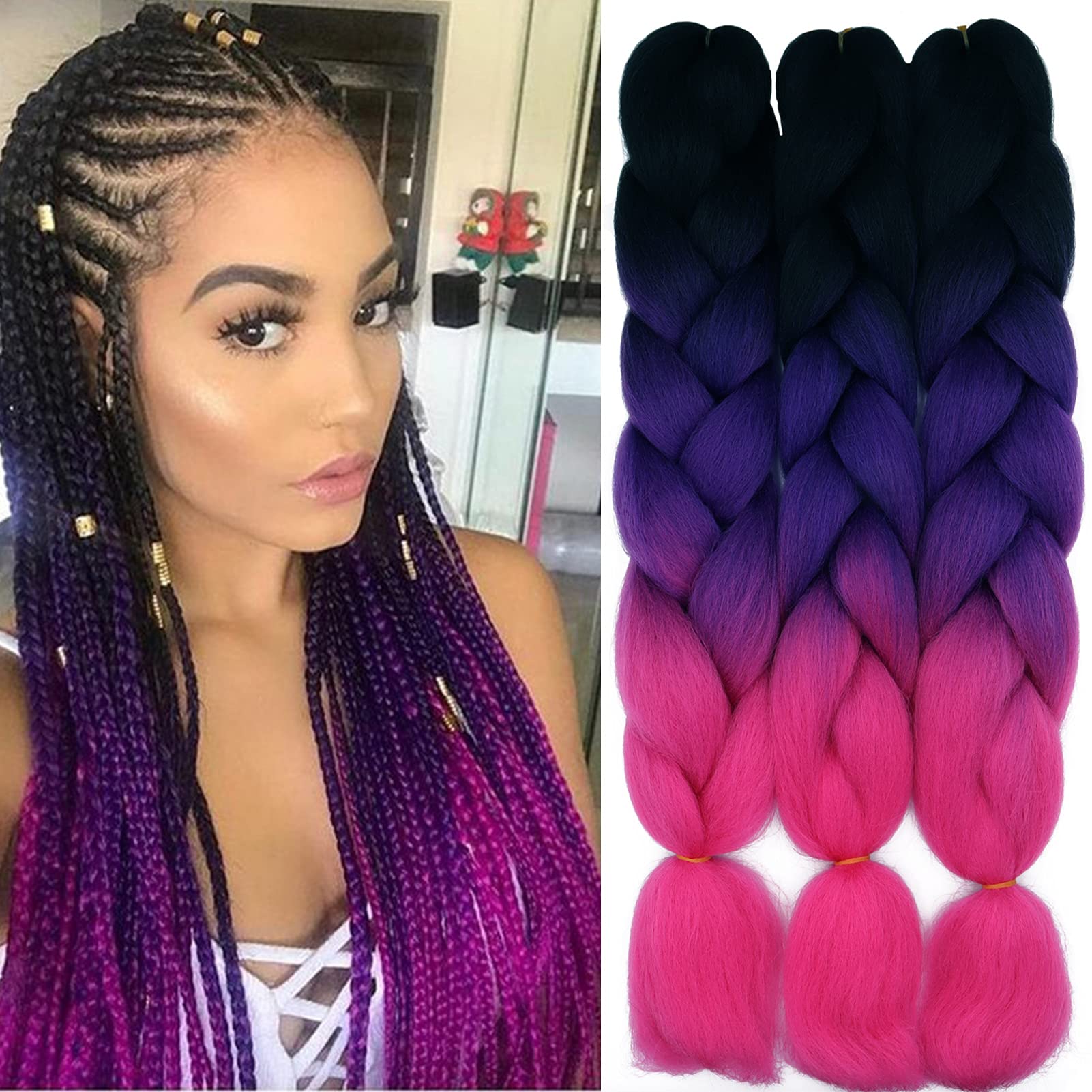 Cybelleza Silky Jumbo Braiding Hair Extensions Synthetic 3bundles/pack Crochet Hair Afro Box Braid Heat Resistent (Black&Purple&Rose Red)
