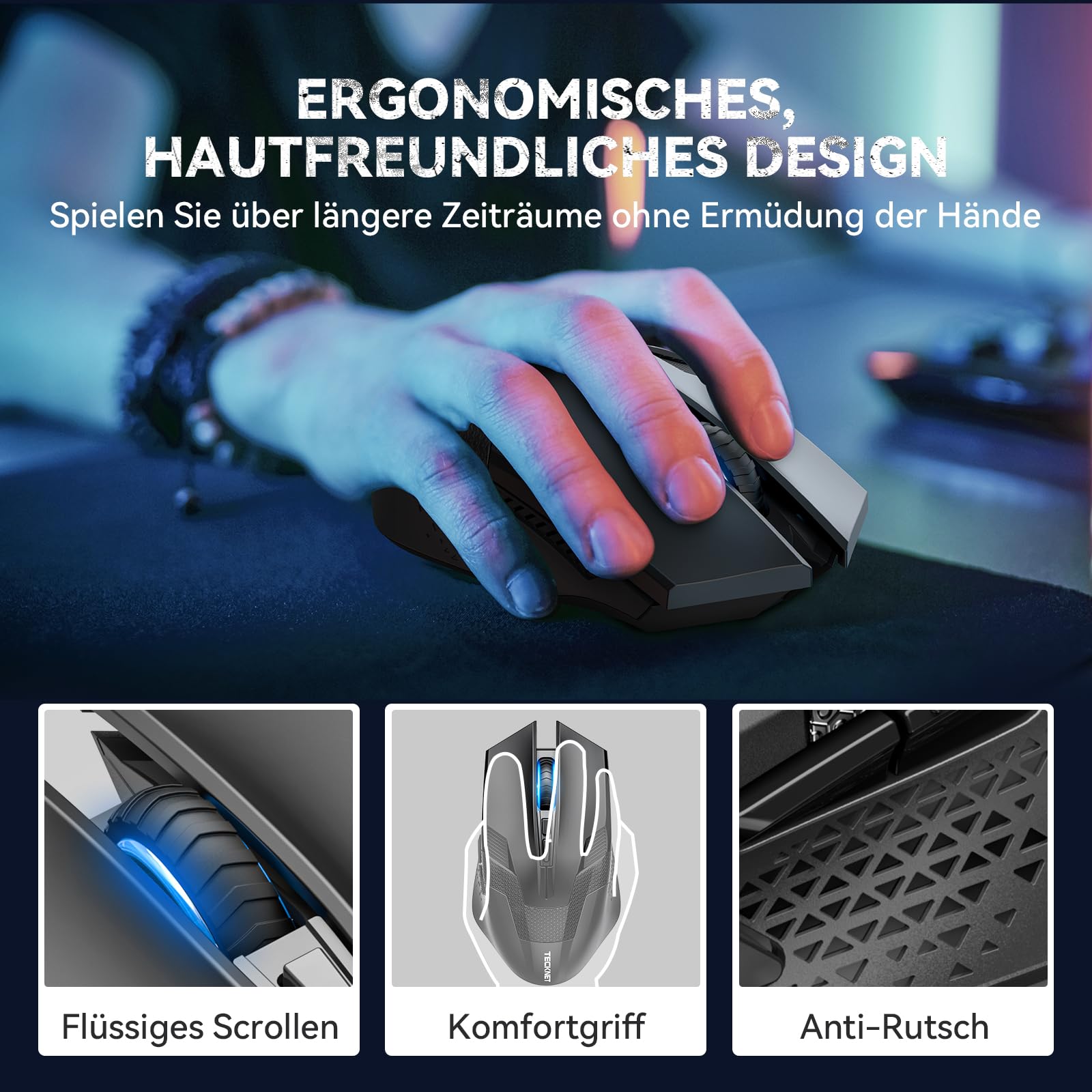TECKNET Kabellose Gaming Maus, 2,4 GHz Wireless Mouse Gaming mit Schnellfeuertaste, 8 Tasten, 4800 DPI, 20 Millionen Klicks, Ergonomische Optische Maus für PC/Mac/Laptop 4