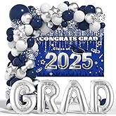 Class of 2025 Navy Blue Graduation Balloons Garland Arch with Grad Backdrop 2025 Grad Letter Balloons for Silver Blue Graduation Party Decorations Congrats Grad Decorations Supplies