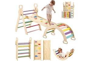LVHERO Upgraded 7 in 1 Large Pikler Triangle Set, Wooden Montessori Climbing Set, Foldable Toddler Baby Climbing Toys, Baby Climber Indoor Playground Jungle Gym for Toddlers Montessori Toys-Rainbow