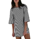 EXLURA Women's Summer T Shirt Dress Casual Short Sleeve Loose Striped Mini Dresses 2026 Vacation Beach Sundress Pockets