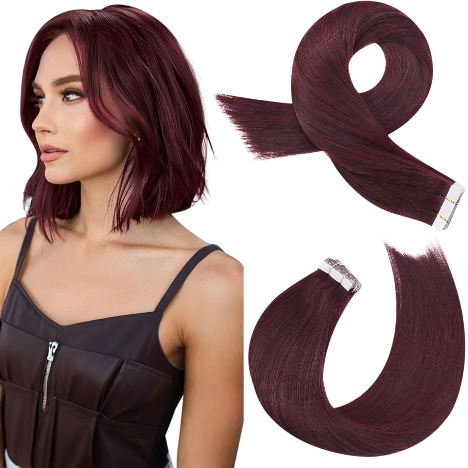 Moresoo Tape in Hair Extensions Real Human Hair Wine Red Tape in Extensions Remy Human Hair Extensions Tape in Extensions 20 Pieces/30g #99J 10 Inch
