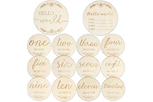 Oslynia 14 Pcs Baby Monthly Milestone, Wooden Double-Side Engraved Monthly Baby Milestone, World Hello Birth Announcement Sig