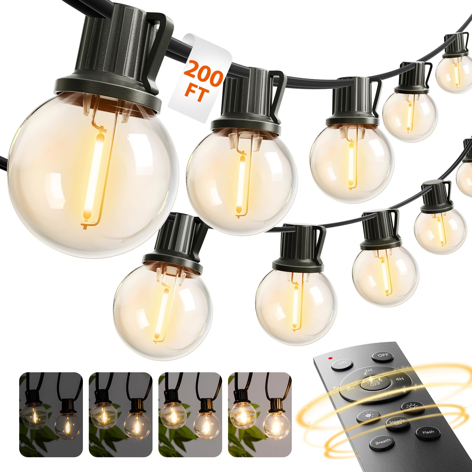 addlon Outdoor String Lights 200FT G40 with Remote, 108 LED Shatterproof Bulbs, Dimmable Patio Globe Lights Waterproof, Hanging Outside Lighting for Backyard, Garden, Deck, Balcony, Porch, Café, Decor Image