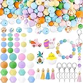 Lunmon 150 Pcs Easter Silicone Focal Beads Set 12/14/15mm Colorful Bunny Shape Beads for Keychain Making Round Hexagon Charms Kit with Chick Rabbit for DIY Crafts Bracelet Jewelry Making