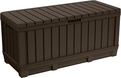 Gartentruhe KENTWOOD 350L Braun – Wetterfeste Gartenbox in Holzoptik mit Sitzfunktion – UV-beständige Aufbewahrungsbox, abschließbar, für Innen- & Außenbereich