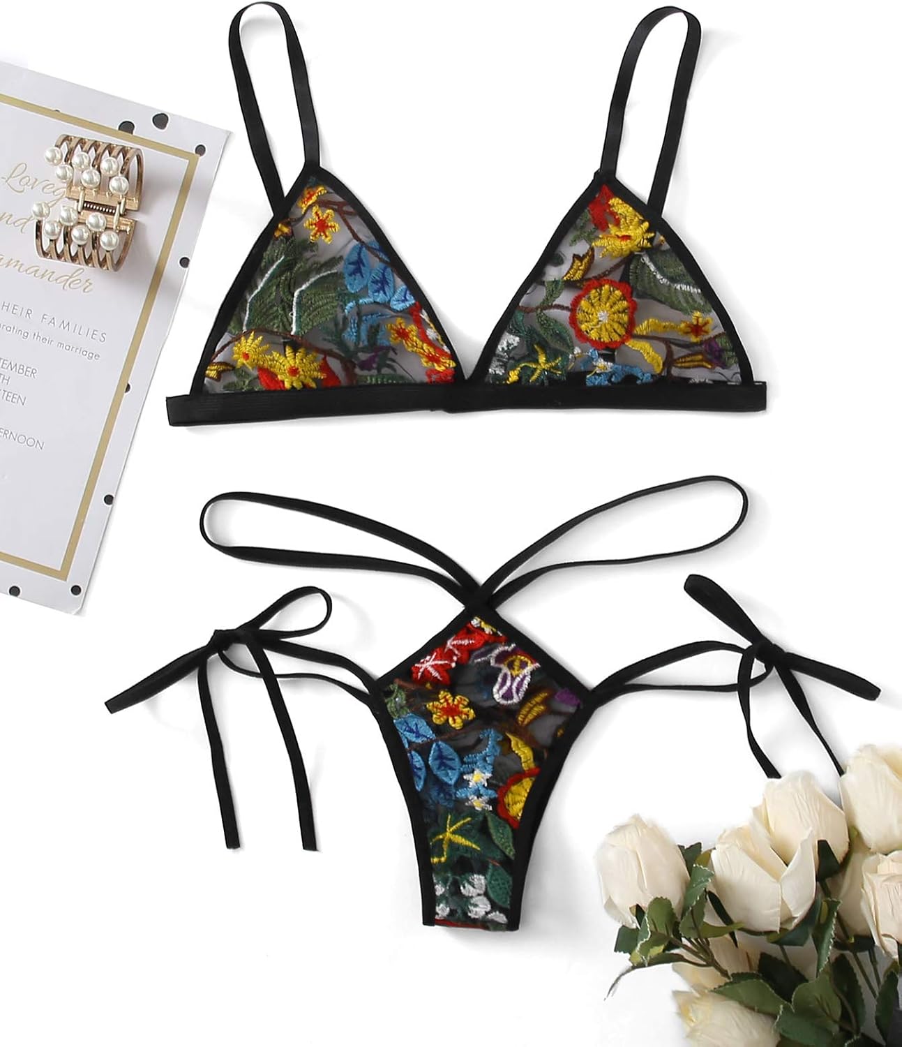 floral embroidery mesh bikini set