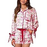 Yiulangde Silk Christmas Bow Pajamas for Women Cute Xmas Satin 2 Piece Santa Bow Tie Pjs Long Sleeve Shirt Ruffle Shorts Sets