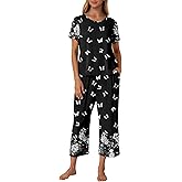 Ekouaer Women's Two Piece Lounge Set Short Sleeve Shirt and Capri Pants Mumu Pajama with Pockets Loungewear Pjs Sets S-2XL