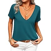 Zeagoo Sexy Tops for Women Deep V Neck Shirts Summer Low Cut Top Short Sleeve Tshirts Trendy Clothes Fashion Clothing