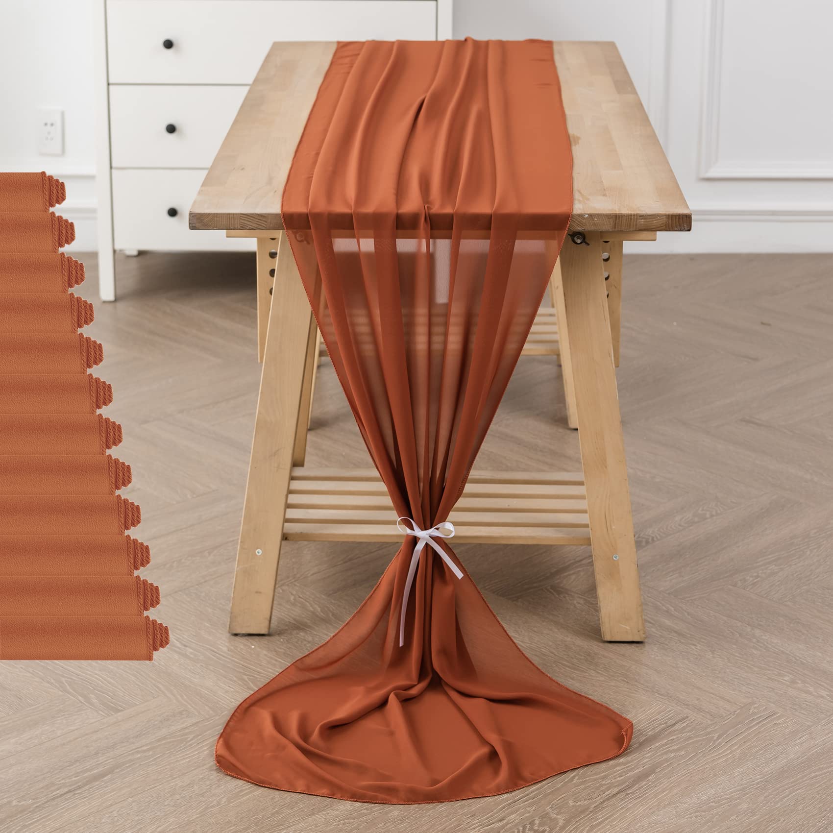 Photo 1 of flohar 12Pack 10ft Chiffon Table Runner 29x120 Inch Sheer Romantic Table Runner for Wedding Birthday Party Bridal Shower Outdoor Decoration-Rust