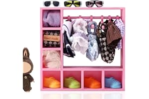 HEPHYCE Doll Clothes Closet for Labubu, Doll Accessories for Labubu Clothes, Doll Clothes Storage for Labubu Display Box, Dolls Wardrobe Dollhouse Accessories for 15/17cm Dolls Clothes with 10 Hangers (Pink)