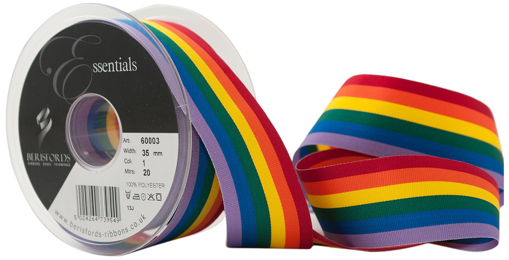 Berisfords 35 mm Rainbow Stripe Ribbon, Multi-Color