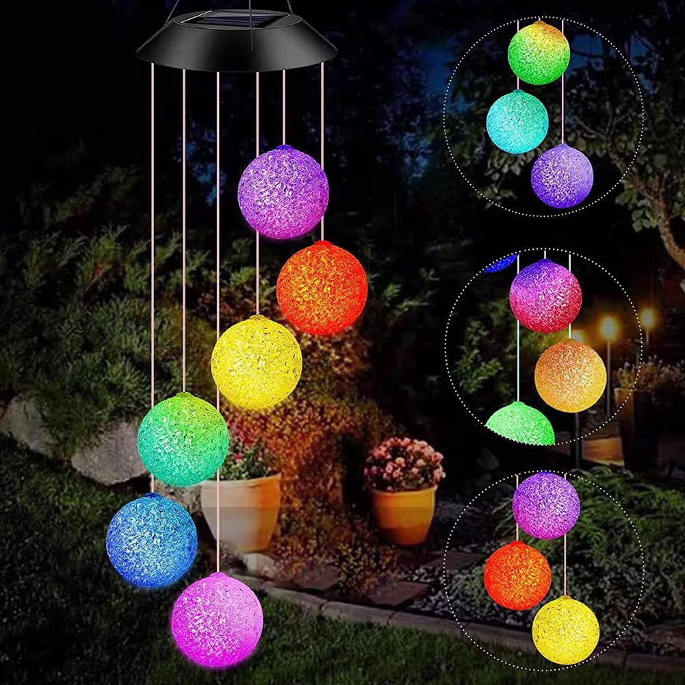 Gerhannery LED Solar Wind Chime Light Mother's Day Gifts Present Spiral Spinner Color Changing Garden Lamp Waterproof Outdoor Decorative Romantic for Patio Yard Garden with Hook (Round) (Ball)